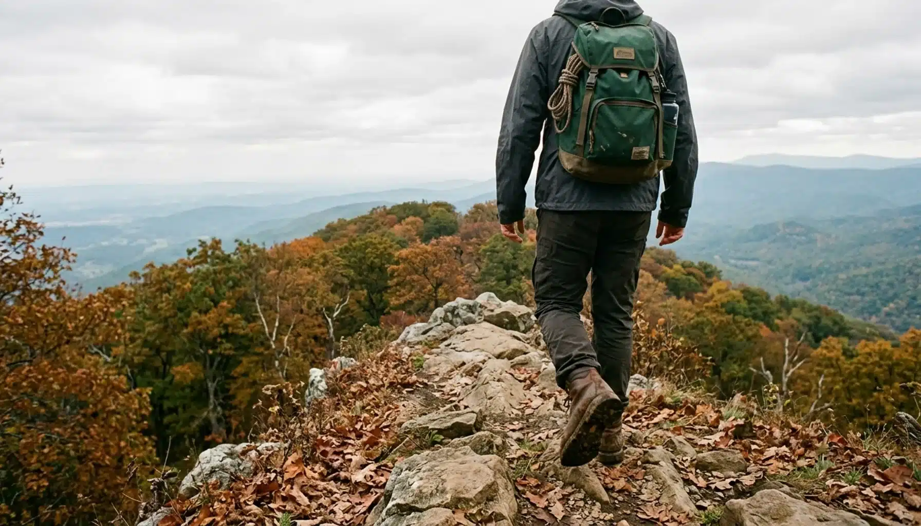 Hiker on a rocky ridgeline trail in Shenandoah National Park with forested valley views, seen from behind.