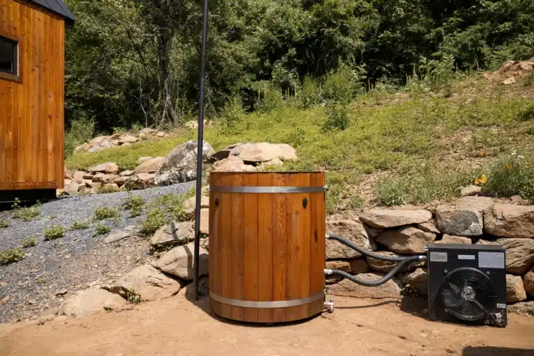 Rustic cabin backyard with wooden hot tub and heating system in Shenandoah Valley