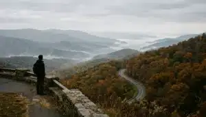 Skyline Drive overlook in Shenandoah Valley National Park with autumn foliage and misty Blue Ridge Mountain ridgelines