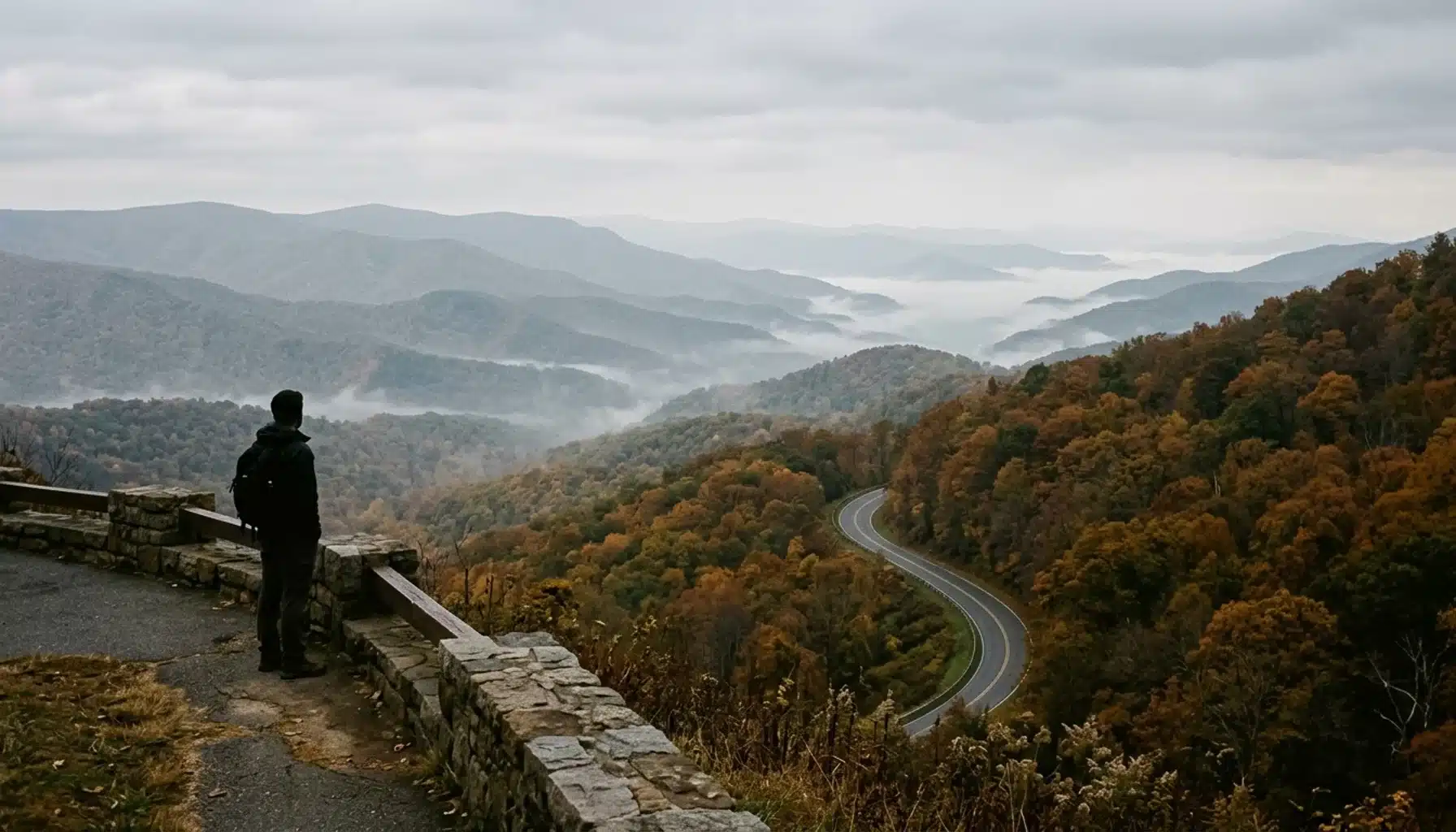 Skyline Drive overlook in Shenandoah Valley National Park with autumn foliage and misty Blue Ridge Mountain ridgelines