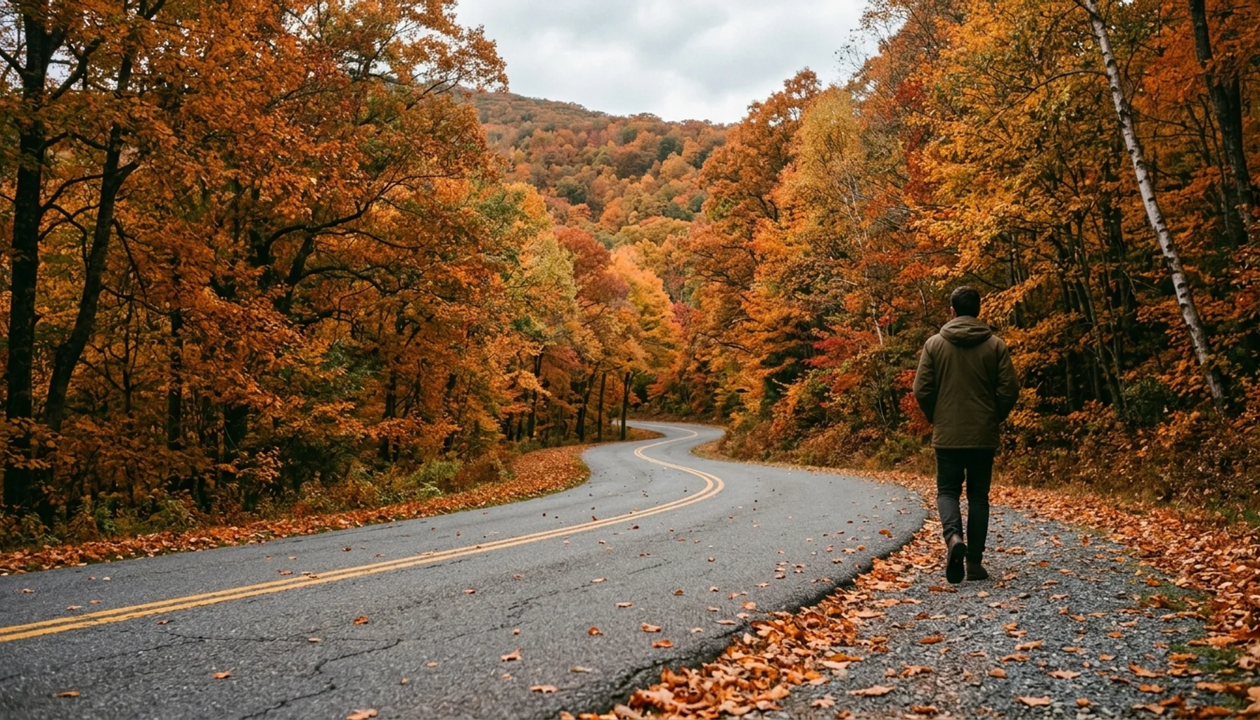 Skyline Drive winding through autumn foliage near cabins in Shenandoah National Park