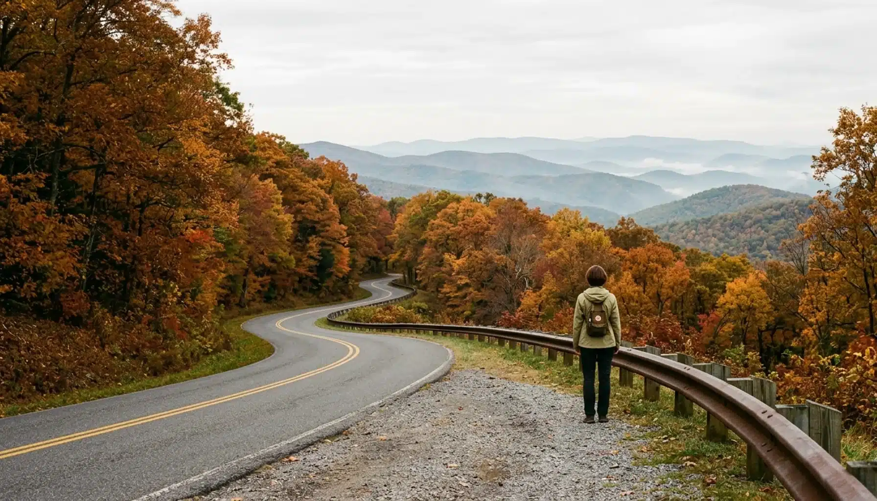 Skyline Drive curving through Blue Ridge Mountains fall foliage: things to do Shenandoah National Park