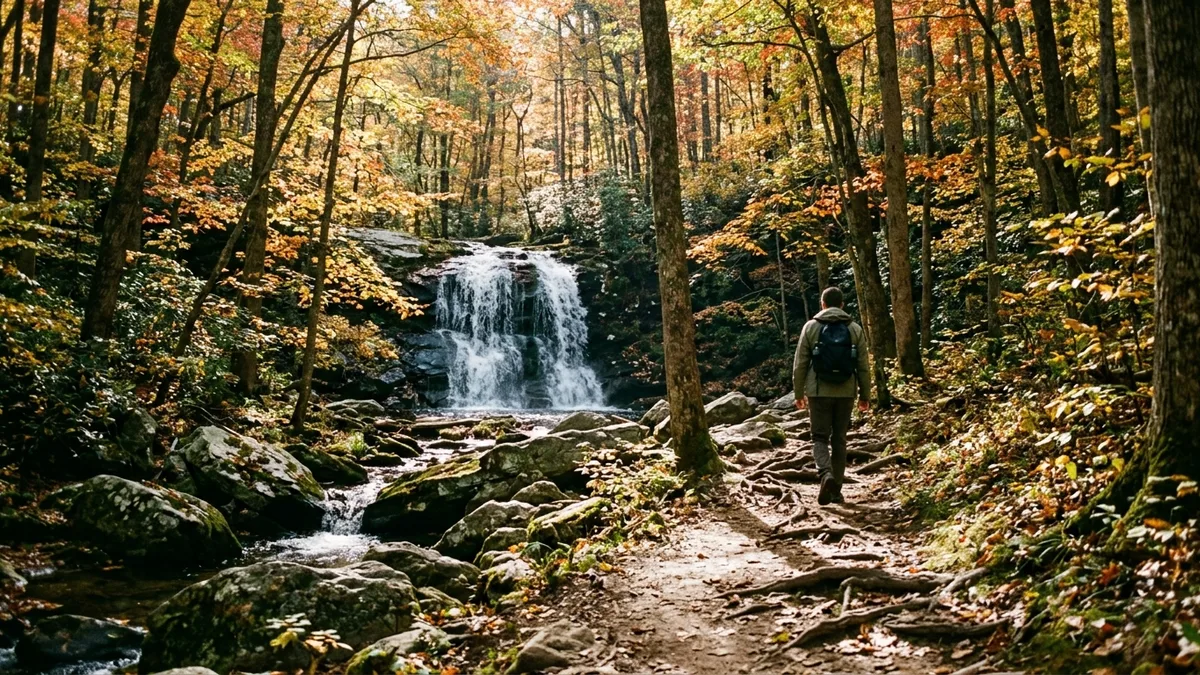 Virginia hardwood forest hiking trail near cabins close to Shenandoah National Park in autumn