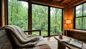 Virginia romantic getaway cabin interior with forest views, steaming mug, and cozy throw in Shenandoah Valley