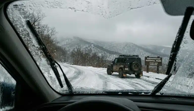 Snowy mountain overlook road in Shenandoah Valley, one of the best places to visit in Virginia in winter