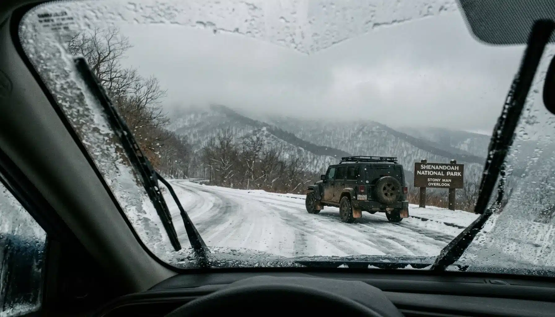 Snowy mountain overlook road in Shenandoah Valley, one of the best places to visit in Virginia in winter