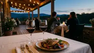 Farm-to-table dinner with wine at one of the best restaurants in Shenandoah Valley VA overlooking Rappahannock County hills