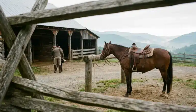 Saddled horse at a Shenandoah Valley stable before a guided horseback riding trail ride