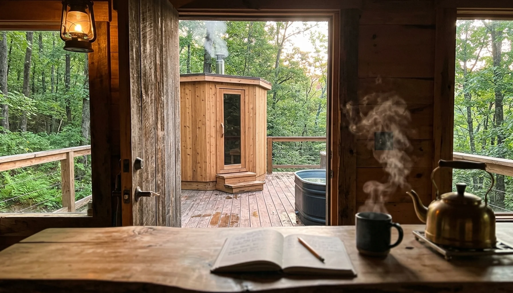 Luxury wellness cabin Shenandoah Virginia morning scene with cedar sauna, cold plunge, and steaming mug on wood counter