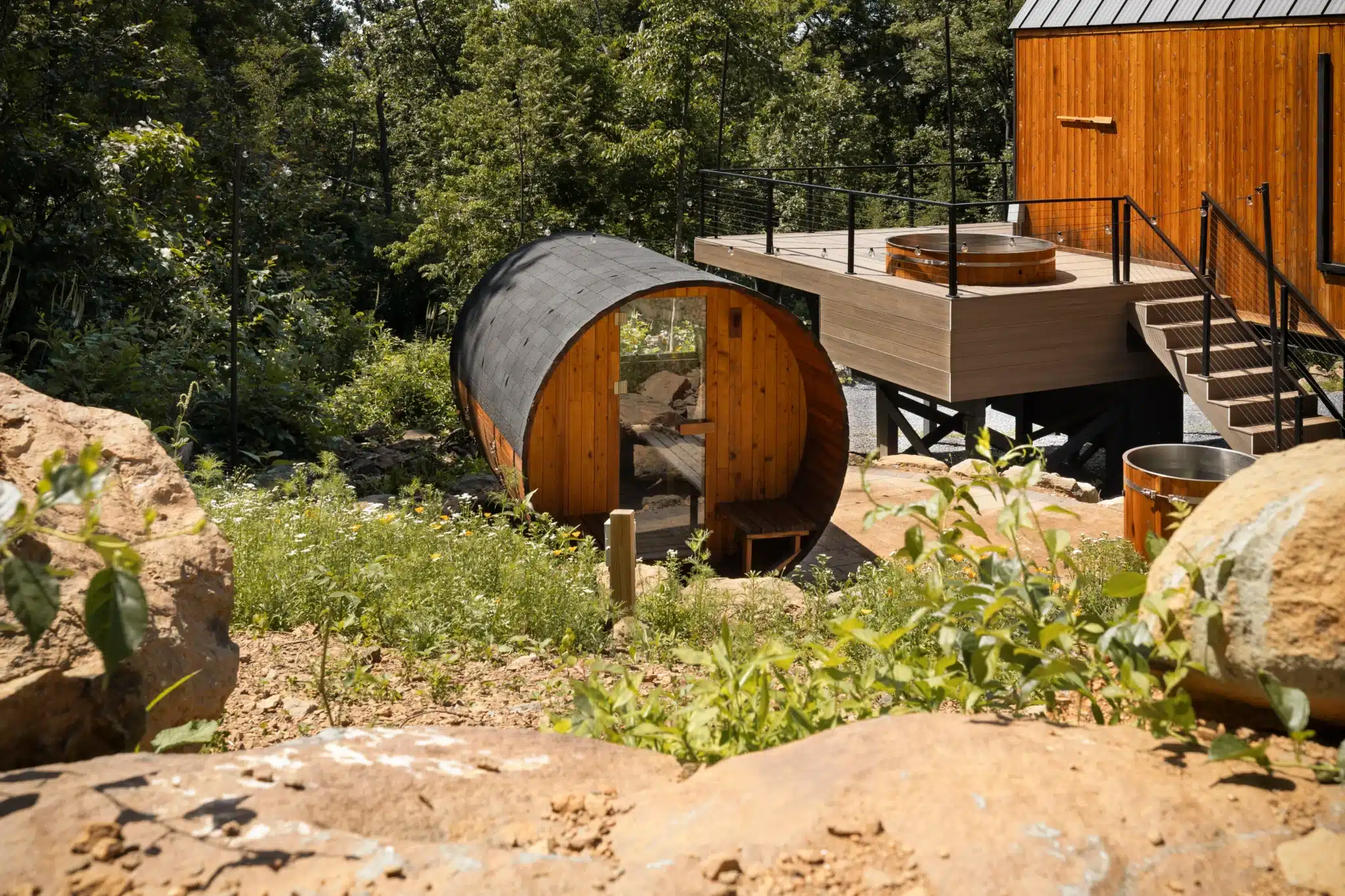 Barrel sauna cabin in forested Virginia mountain cabin compound at Royal Oak Retreat