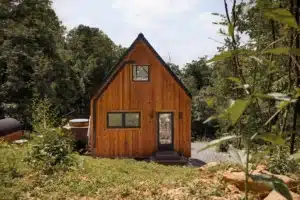 Modern A-frame luxury cabin with wood siding in forest setting near Linden VA