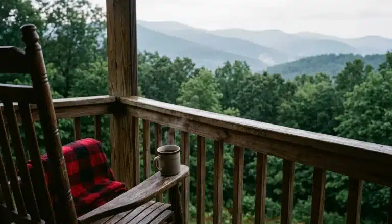 Porch view from a Shenandoah VA cabin overlooking misty valley ridgeline in the morning