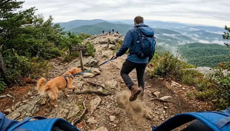 Hiker walking a Virginia hiking trail in Shenandoah Valley with a dog on an overlook path