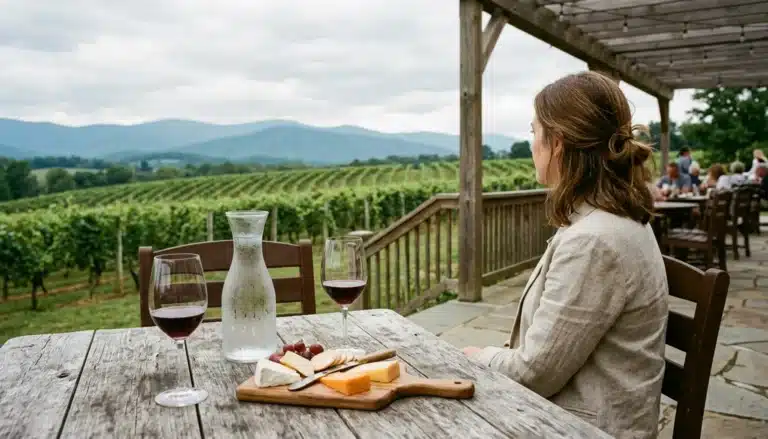 Two poured glasses of wine on a vineyard terrace table during wine tasting Shenandoah Valley trip
