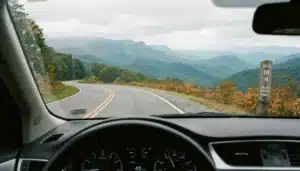 Driving Skyline Drive Virginia along a winding overlook road through the Shenandoah Valley mountains