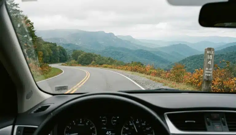 Driving Skyline Drive Virginia along a winding overlook road through the Shenandoah Valley mountains
