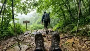 Hiker stepping onto a Shenandoah Valley trail near Front Royal, an ideal hiking trail near me option