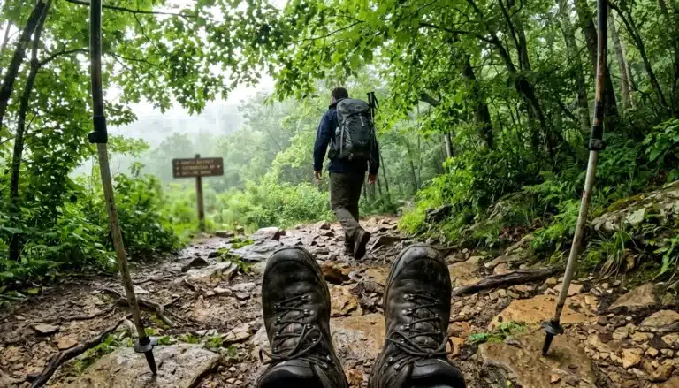 Hiker stepping onto a Shenandoah Valley trail near Front Royal, an ideal hiking trail near me option