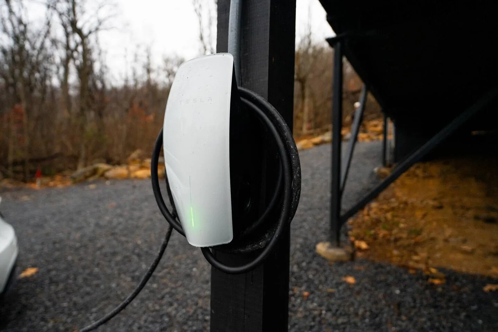 White Tesla EV charging station at Royal Oak Retreat in Shenandoah Valley, VA