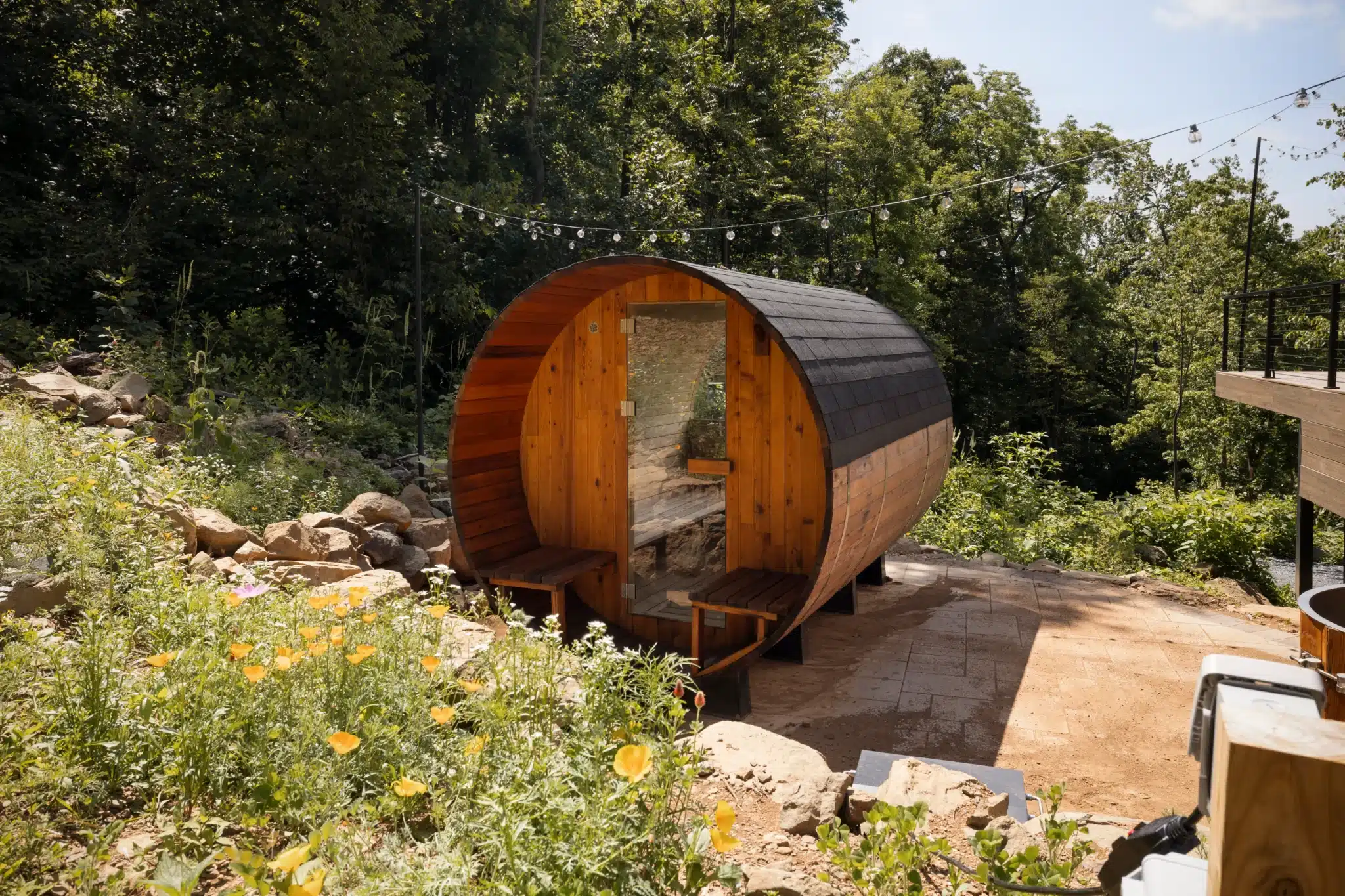 Barrel sauna at luxury A frame style cabin in the woods with sauna near Shenandoah Valley
