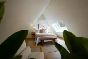 Attic bedroom with queen bed and skylight at Royal Oak Retreat in Shenandoah Valley, perfect for couples trips to Virginia