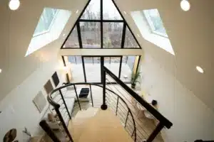 Modern staircase with skylights at Royal Oak Retreat luray lodging in Shenandoah Valley