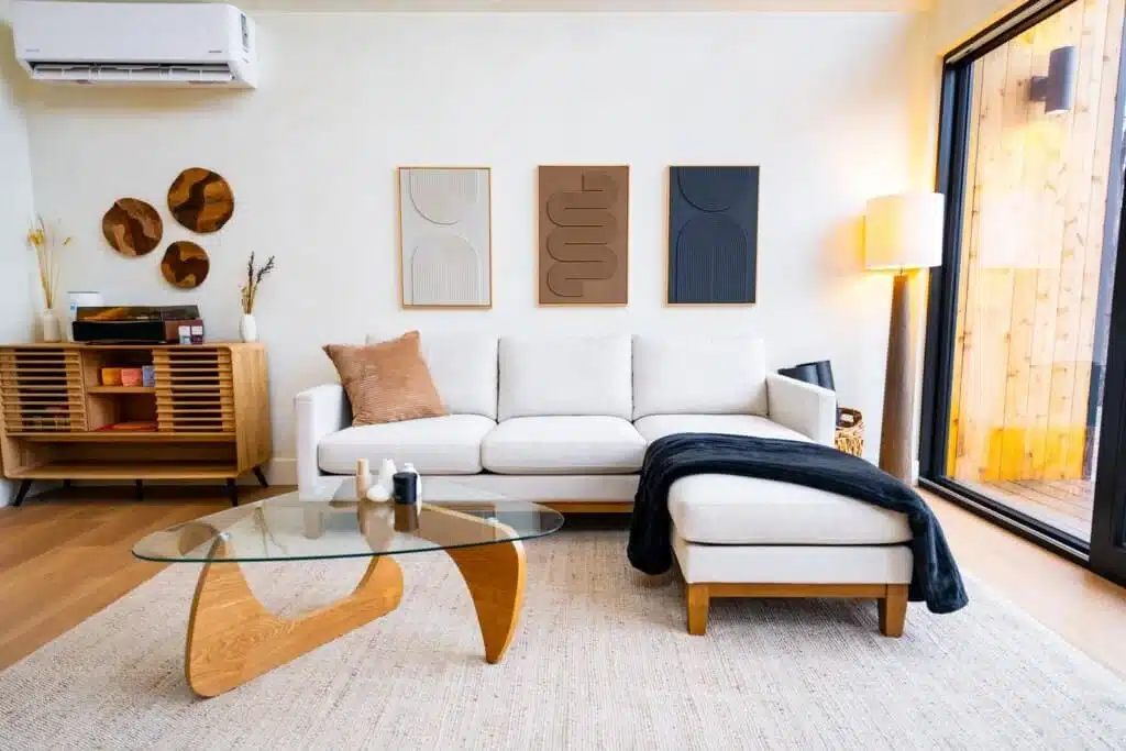 Modern living room with sectional sofa at Royal Oak Retreat Shenandoah Valley accommodations