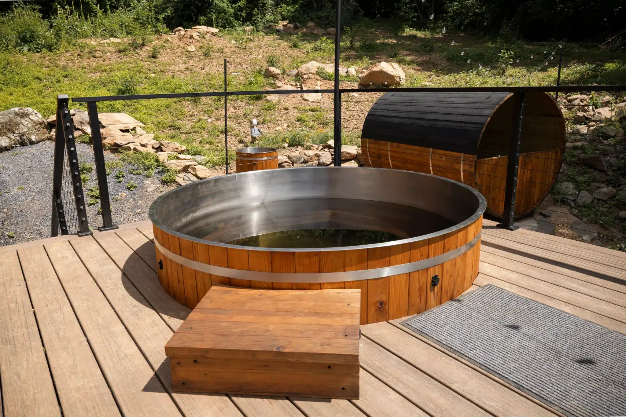 Luxury wooden hot tub with sauna on deck at Getaway Shenandoah North wellness retreat