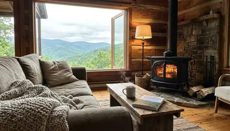 Cozy Shenandoah Valley cabin living room, an ideal self-care retreat near me with mountain views