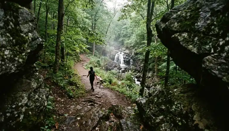 Hiker walking toward a cascading waterfall on a wooded trail in Shenandoah Valley