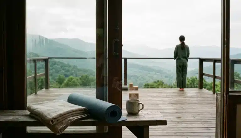 Yoga deck at a wellness retreat overlooking the misty Shenandoah Valley mountains
