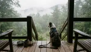 Dog resting on a cabin porch in Shenandoah, illustrating pet-friendly cabins pets allowed policies