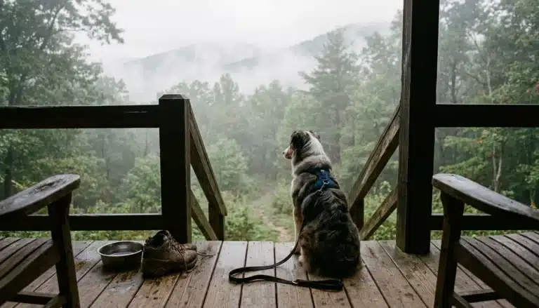 Dog resting on a cabin porch in Shenandoah, illustrating pet-friendly cabins pets allowed policies