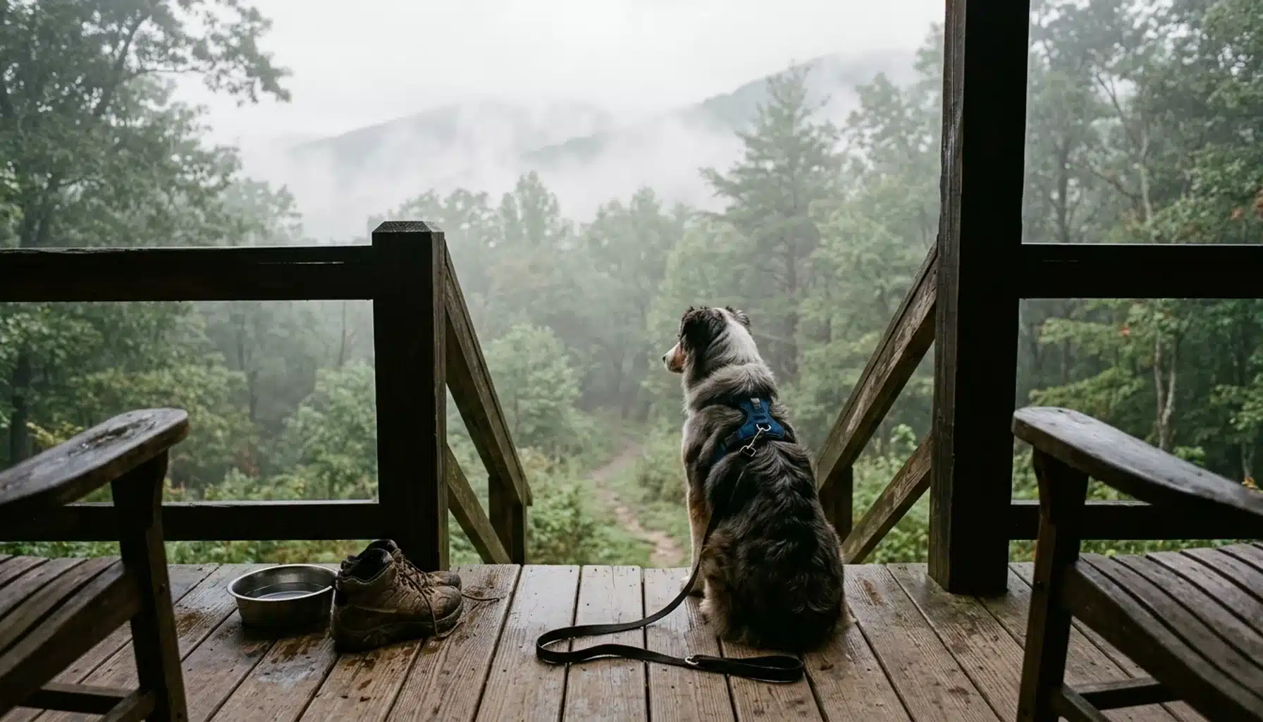 Dog resting on a cabin porch in Shenandoah, illustrating pet-friendly cabins pets allowed policies