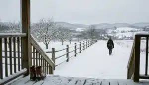 Snow-covered farmhouse yard in the Shenandoah Valley illustrating how much snow Virginia gets in winter