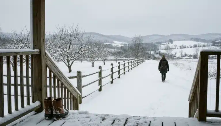 Snow-covered farmhouse yard in the Shenandoah Valley illustrating how much snow Virginia gets in winter