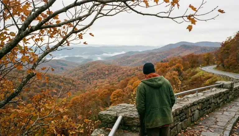 Hiker overlooking peak fall foliage on Skyline Drive in Shenandoah Valley, Virginia