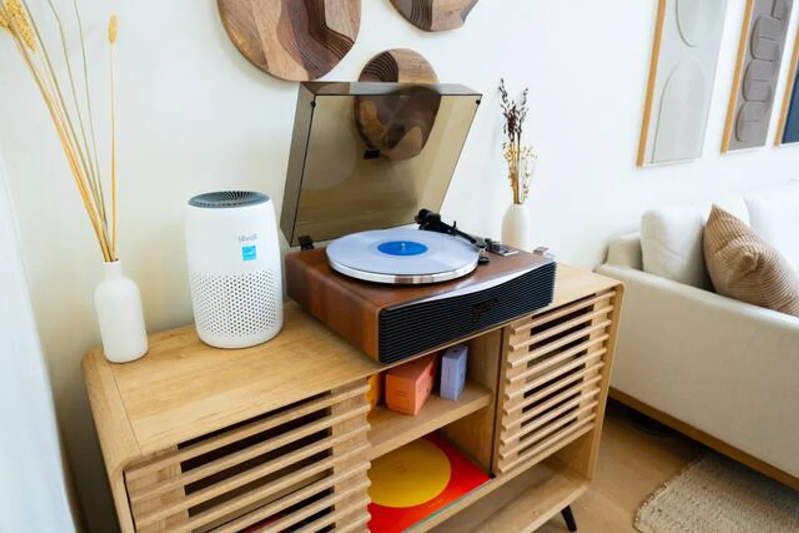 Bedroom shelf with vintage record player, air purifier, and minimalist decor at Royal Oak Retreat