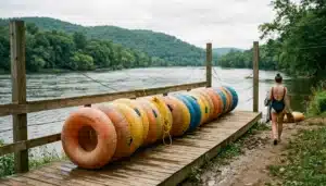 Stacked tubes at a Shenandoah River tubing outfitter dock before a summer float trip