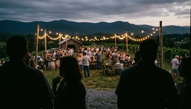 Crowd enjoying an evening wine tasting event near Linden, Virginia at Linden Vineyards