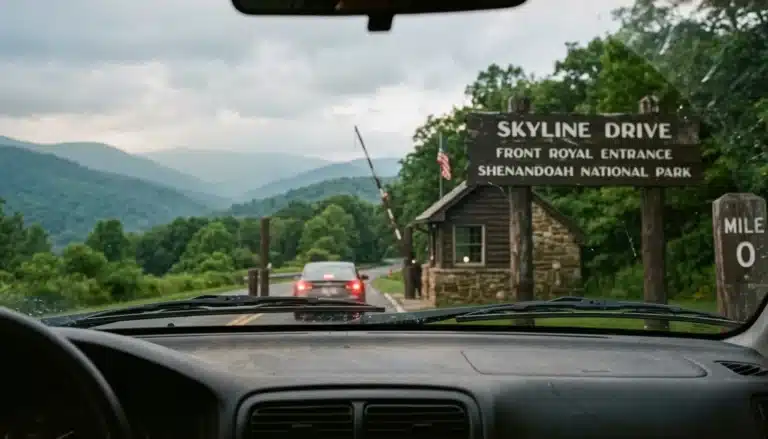 Skyline Drive entrance sign at Front Royal marking where Skyline Drive starts and ends along its 105-mile route