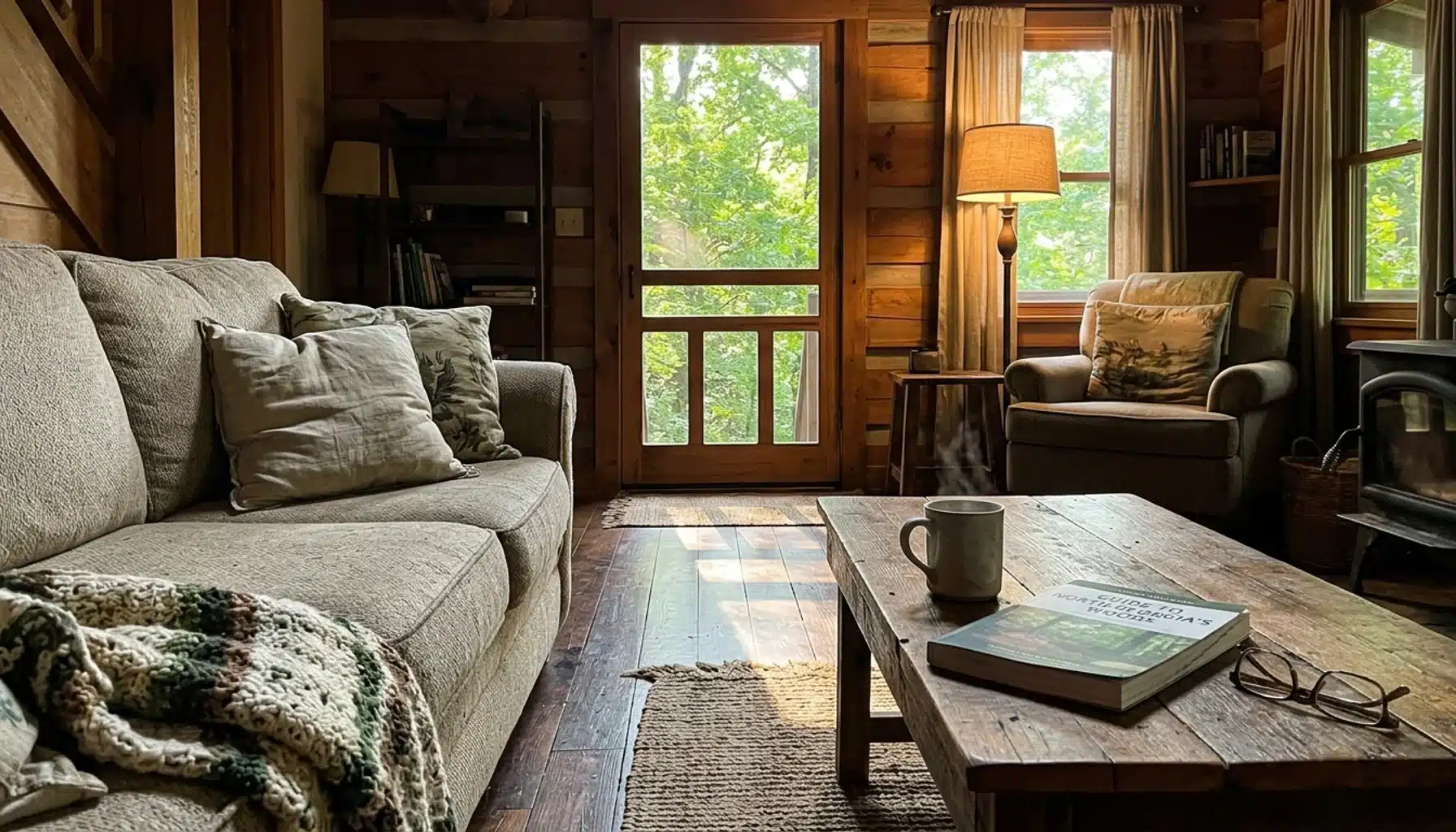 Cozy cabin living room with morning light, one of the best areas to stay in Shenandoah Farms, VA, with forest views