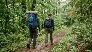 Two hikers from behind on a Shenandoah trail, one with an overnight pack, illustrating hiking vs trekking