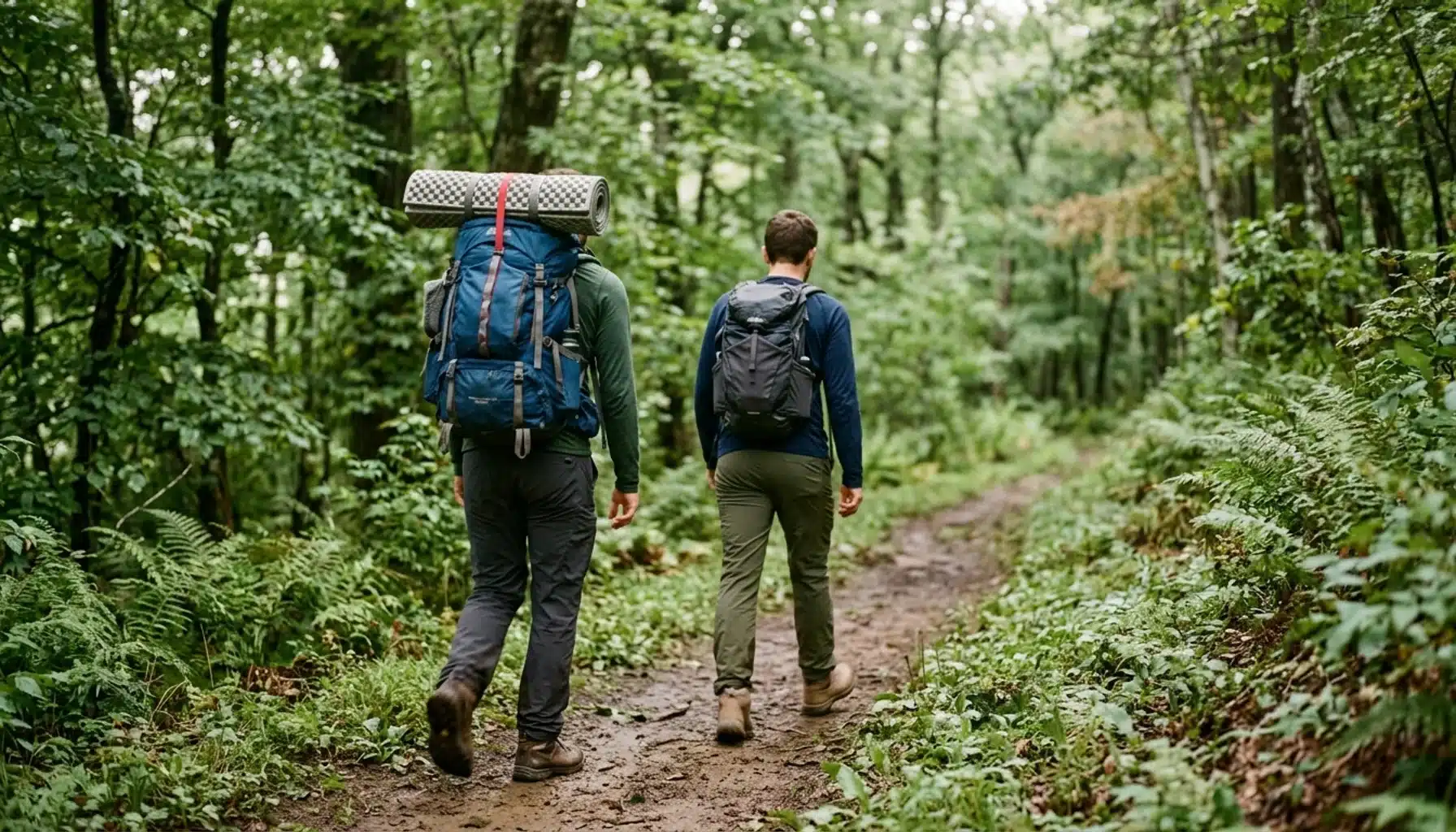 Two hikers from behind on a Shenandoah trail, one with an overnight pack, illustrating hiking vs trekking