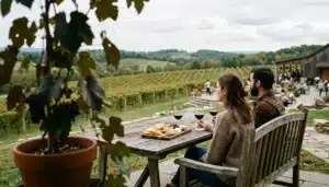 Two poured wine glasses and a shared board on a winery terrace, a must see Shenandoah Farms stop in Virginia