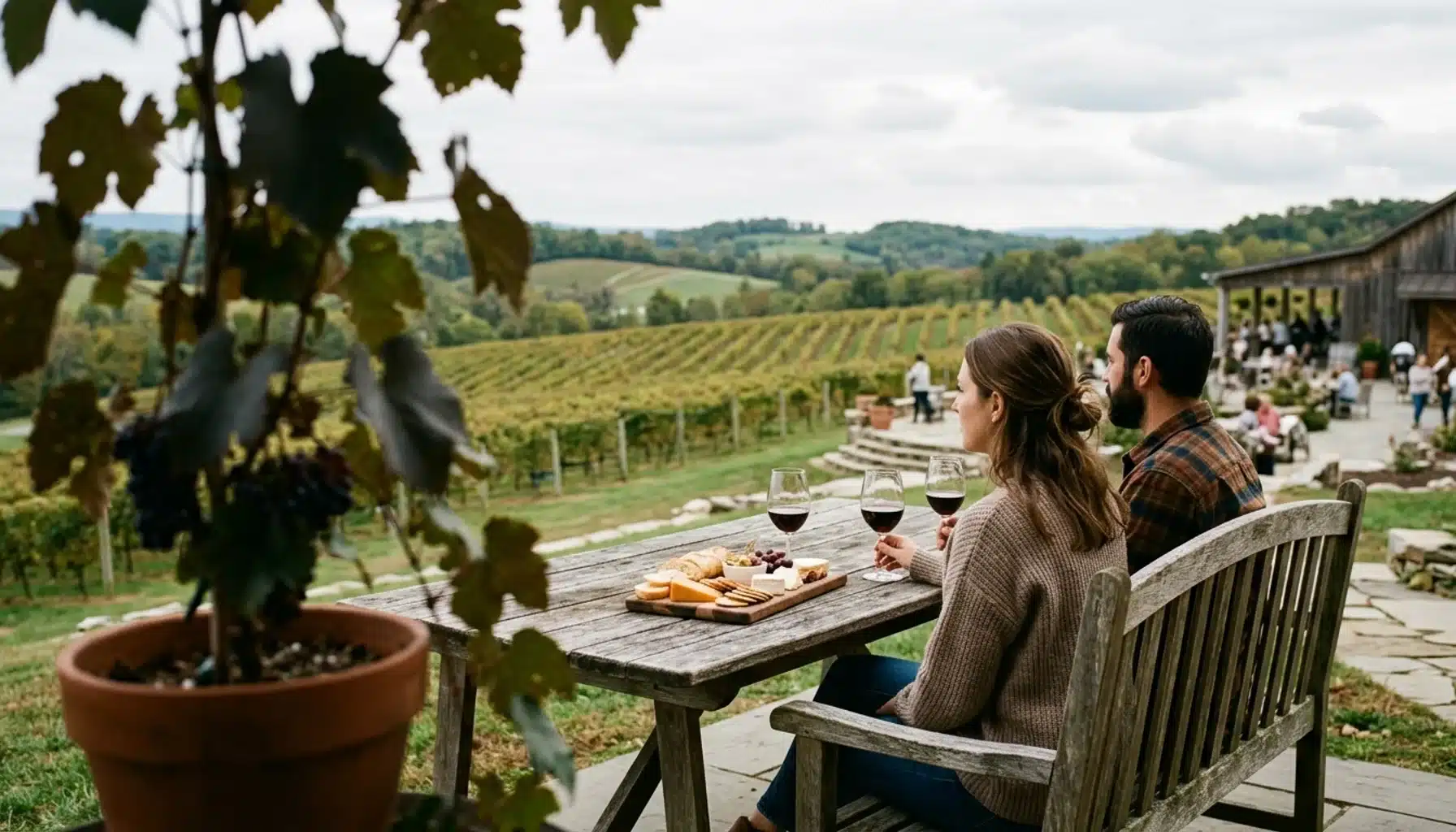 Two poured wine glasses and a shared board on a winery terrace, a must see Shenandoah Farms stop in Virginia