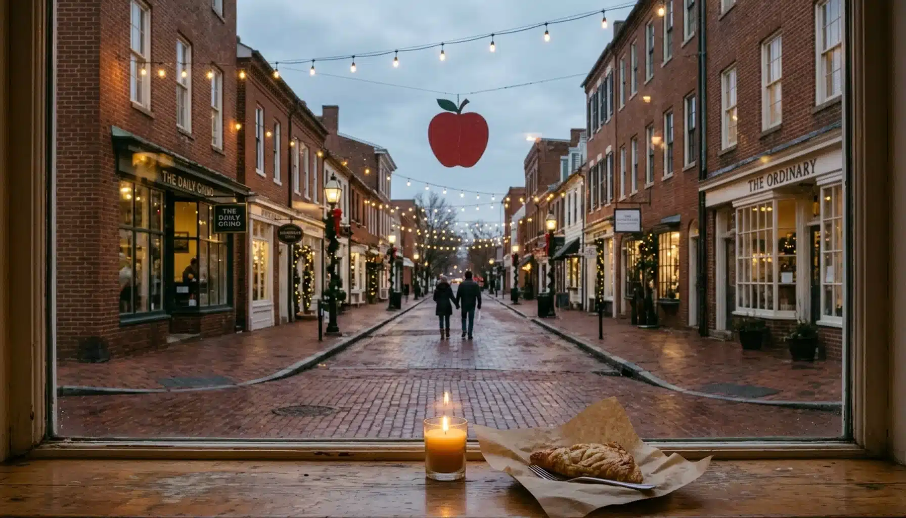 Café window view of a brick Old Town street with string lights and an apple ornament, new years eve Shenandoah Valley