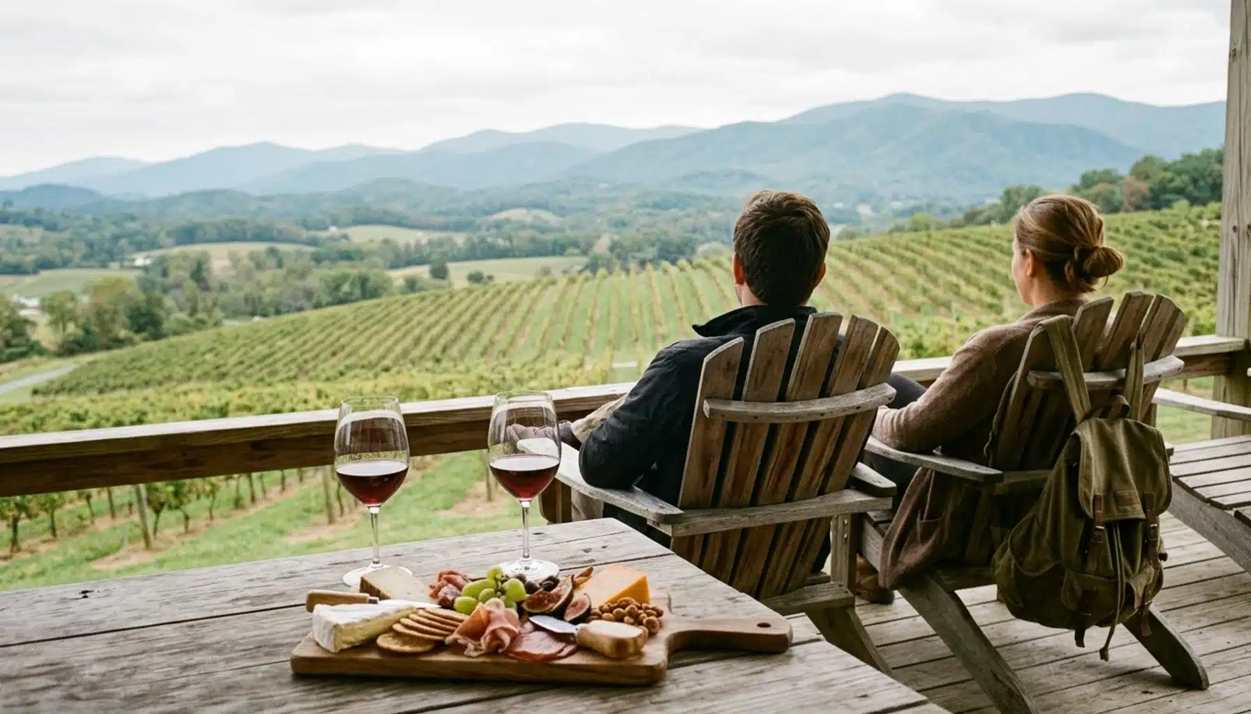 Two visitors relax at a winery terrace table with wine, an easy outdoor activity near Shenandoah Farms