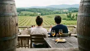 Two glasses of wine on a vineyard terrace table, a quiet outing among things to do in Shenandoah Farms