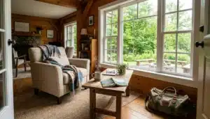 Cozy living room at a weekend getaway Shenandoah Farms rental with morning light, green trees outside, coffee and guidebook on the table